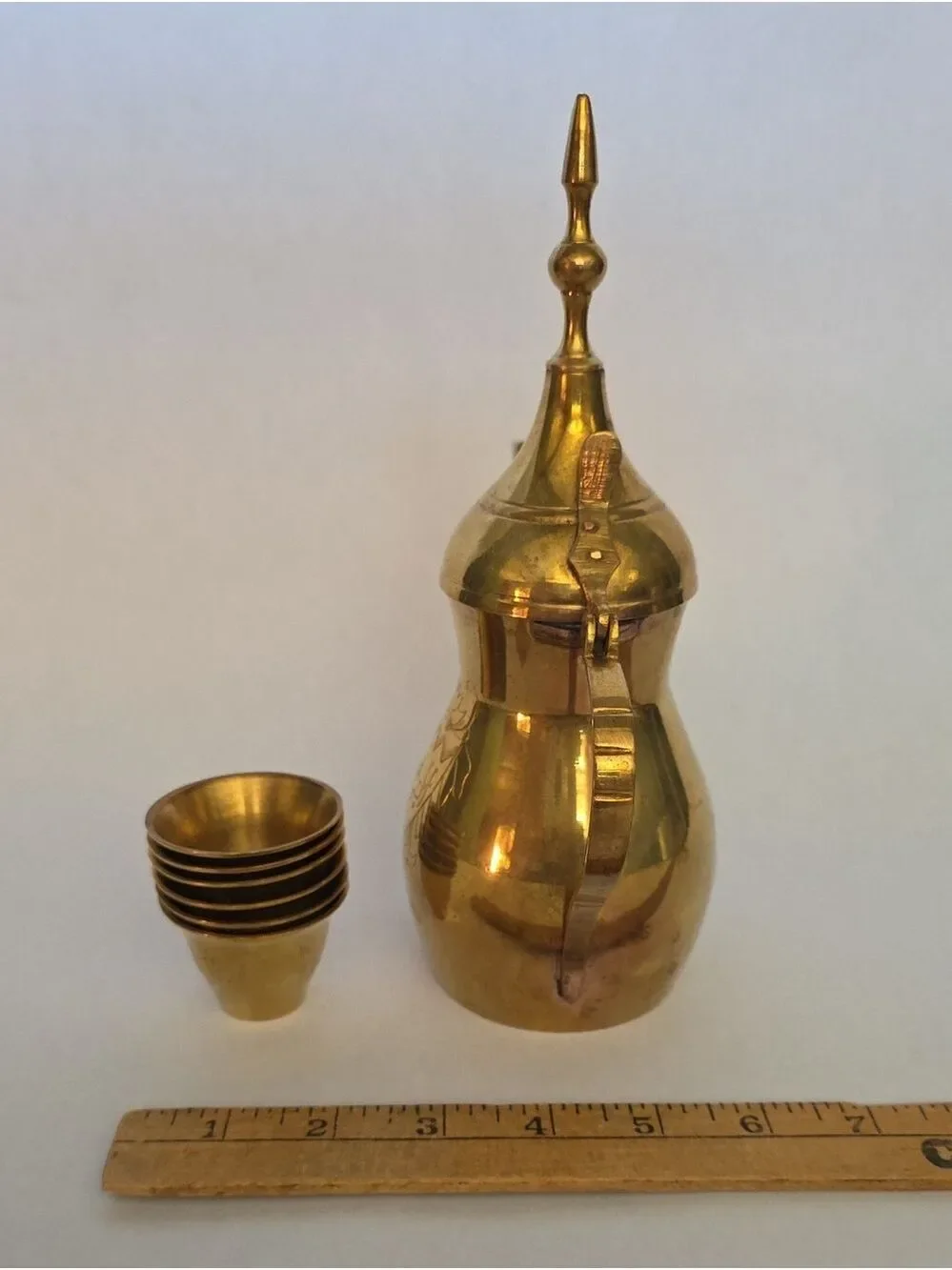 Vintage Brass Bahraini Brass Dallah Set with (6) Cups - MCM Arabic Coffee Pot